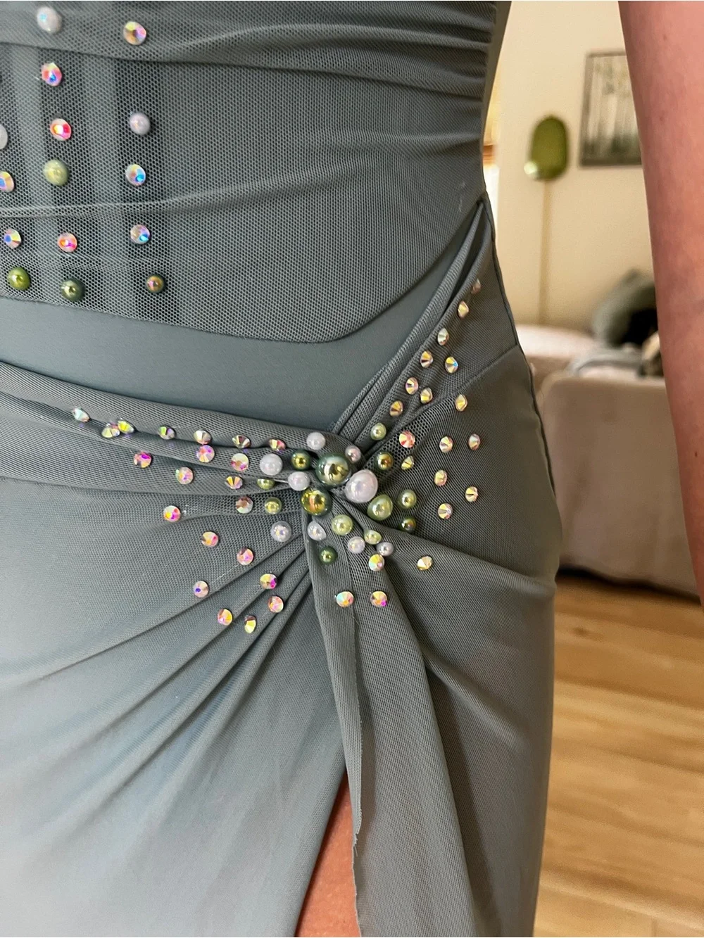 Elegant Sage Green Embellished Spaghetti lyrical costume with attached skirt